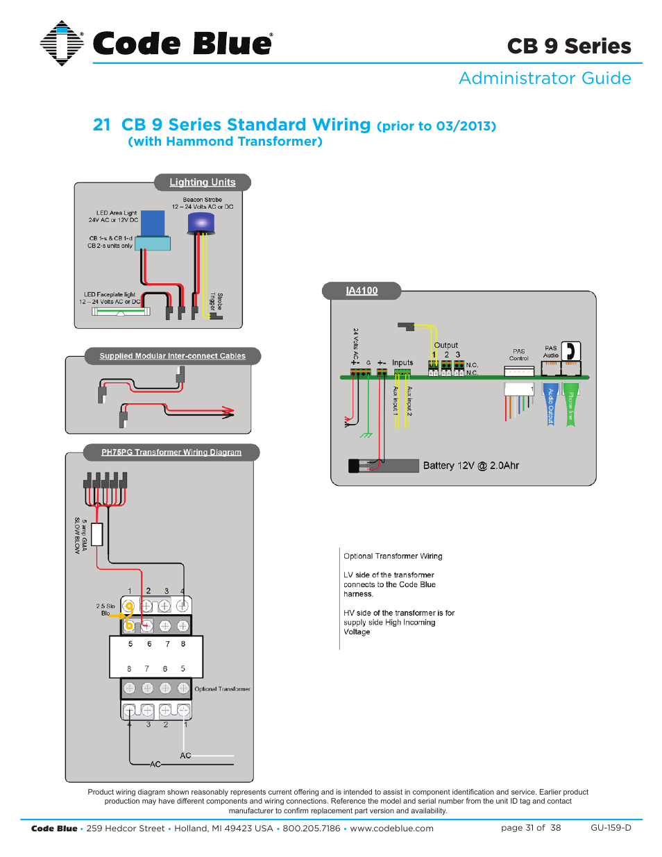 Cb 9 series, Administrator guide 21 cb 9 series standard wiring | Code Blue CB 9-S SIGNATURE SHORT ENCLOSURE User Manual | Page 31 / 38