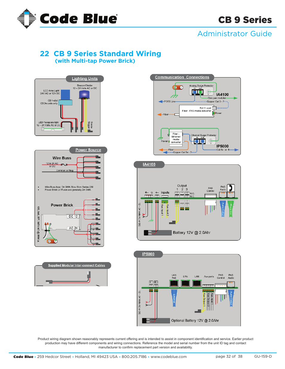 Cb 9 series, Administrator guide 22 cb 9 series standard wiring, With multi-tap power brick) | Code Blue CB 9-S SIGNATURE SHORT ENCLOSURE User Manual | Page 32 / 38