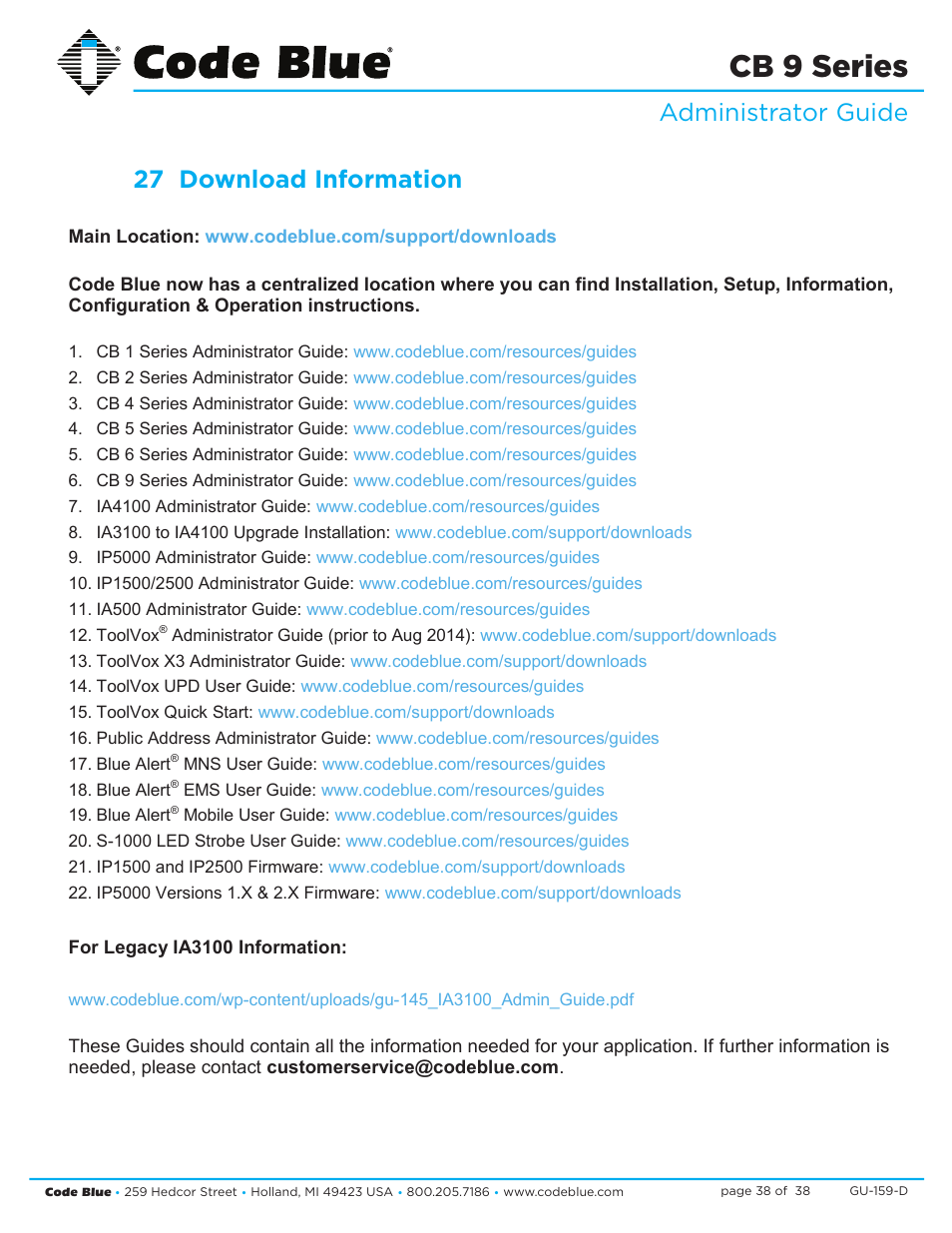 Cb 9 series, Download information, Administrator guide 27 download information | Code Blue CB 9-S SIGNATURE SHORT ENCLOSURE User Manual | Page 38 / 38