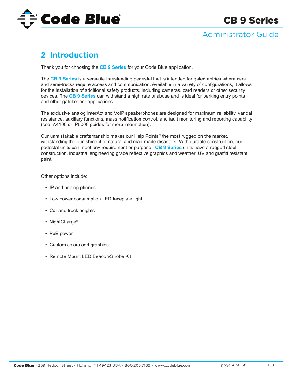 Cb 9 series, Administrator guide 2 introduction | Code Blue CB 9-S SIGNATURE SHORT ENCLOSURE User Manual | Page 4 / 38