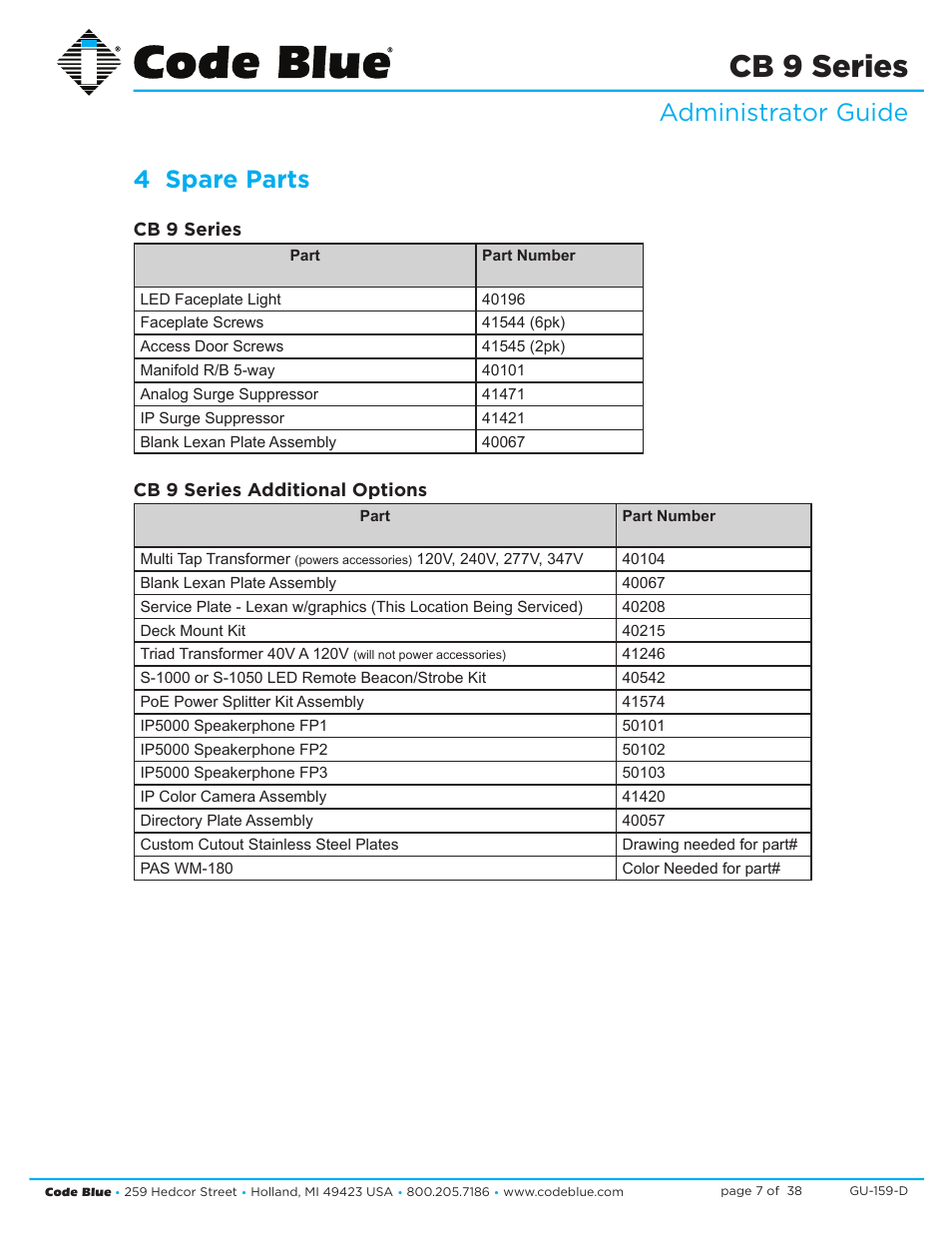 Cb 9 series, Administrator guide 4 spare parts | Code Blue CB 9-S SIGNATURE SHORT ENCLOSURE User Manual | Page 7 / 38