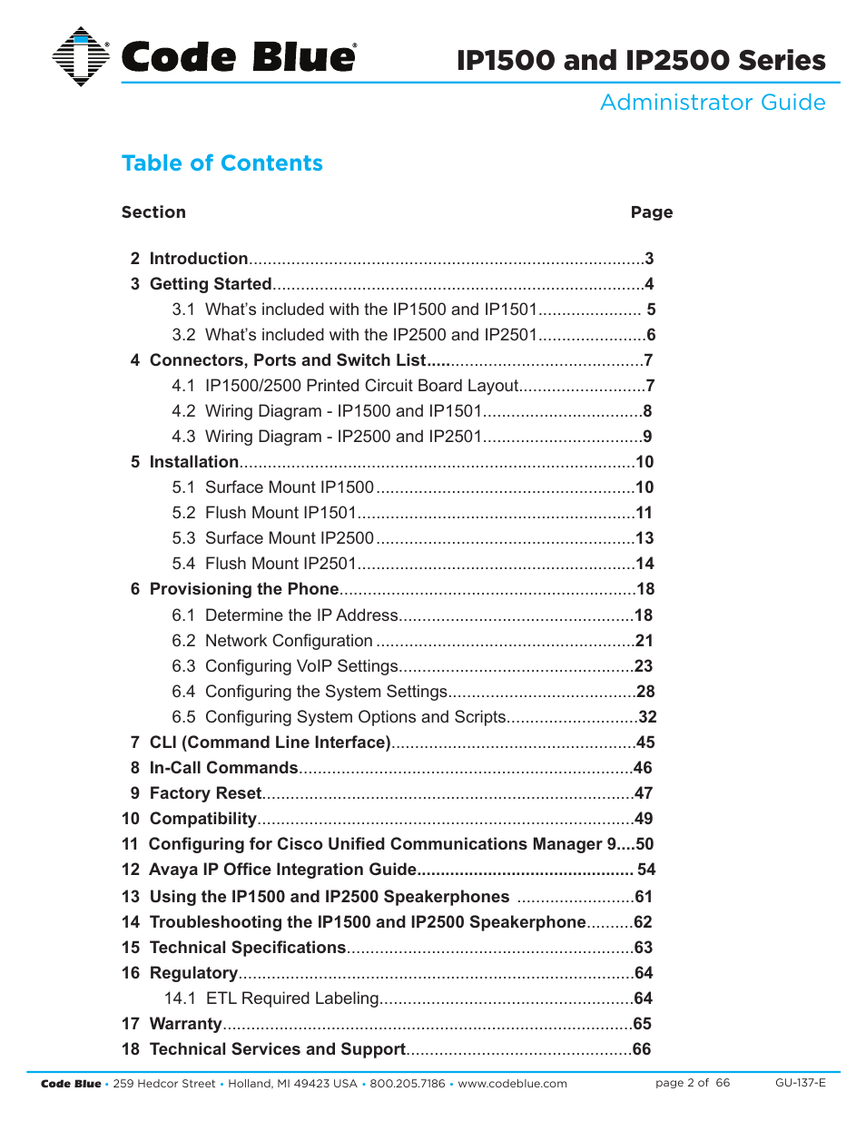 Administrator guide table of contents | Code Blue IP1500 VOIP SPEAKERPHONE User Manual | Page 2 / 66
