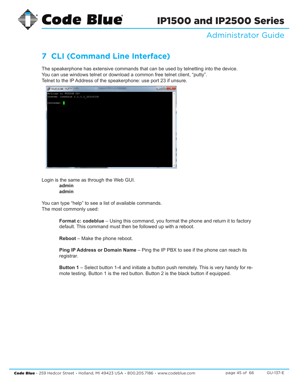 Administrator guide 7 cli (command line interface) | Code Blue IP1500 VOIP SPEAKERPHONE User Manual | Page 45 / 66