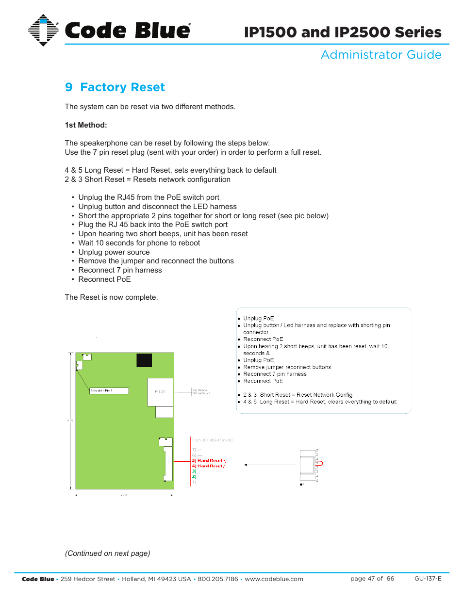 Administrator guide 9 factory reset | Code Blue IP1500 VOIP SPEAKERPHONE User Manual | Page 47 / 66