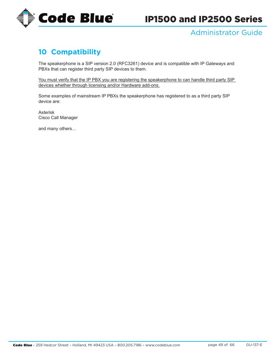 Administrator guide 10 compatibility | Code Blue IP1500 VOIP SPEAKERPHONE User Manual | Page 49 / 66