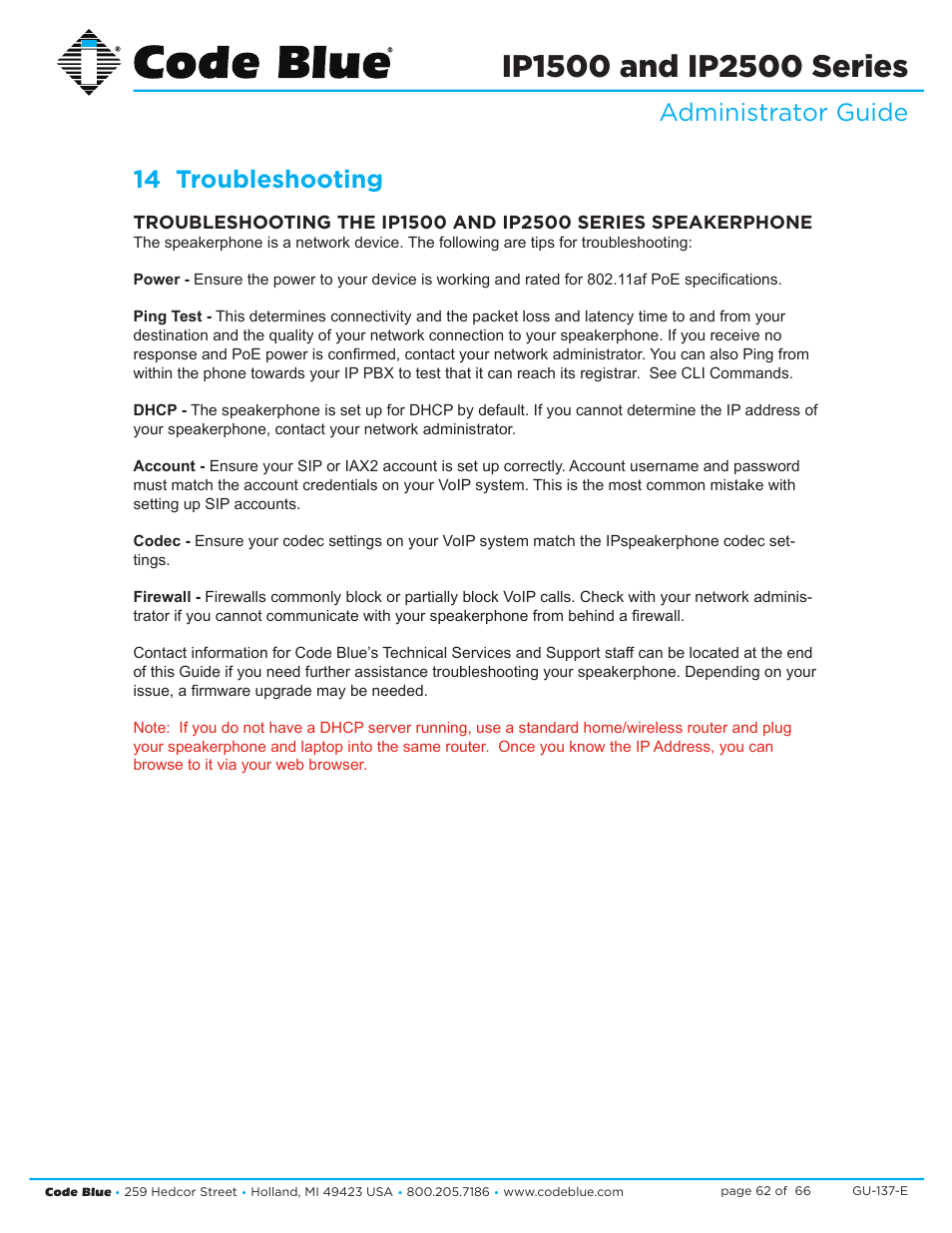 Administrator guide 14 troubleshooting | Code Blue IP1500 VOIP SPEAKERPHONE User Manual | Page 62 / 66