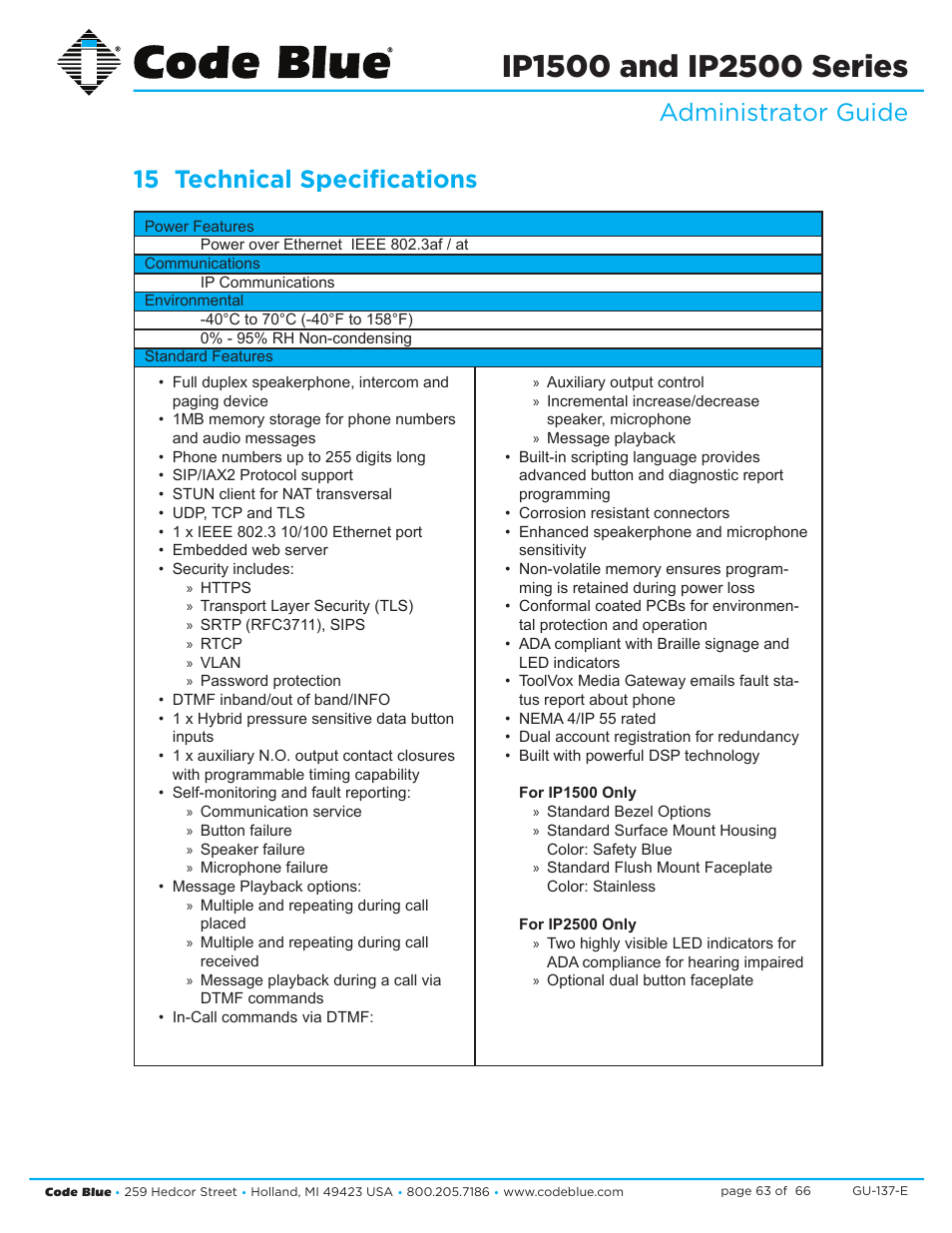 Administrator guide 15 technical specifications | Code Blue IP1500 VOIP SPEAKERPHONE User Manual | Page 63 / 66