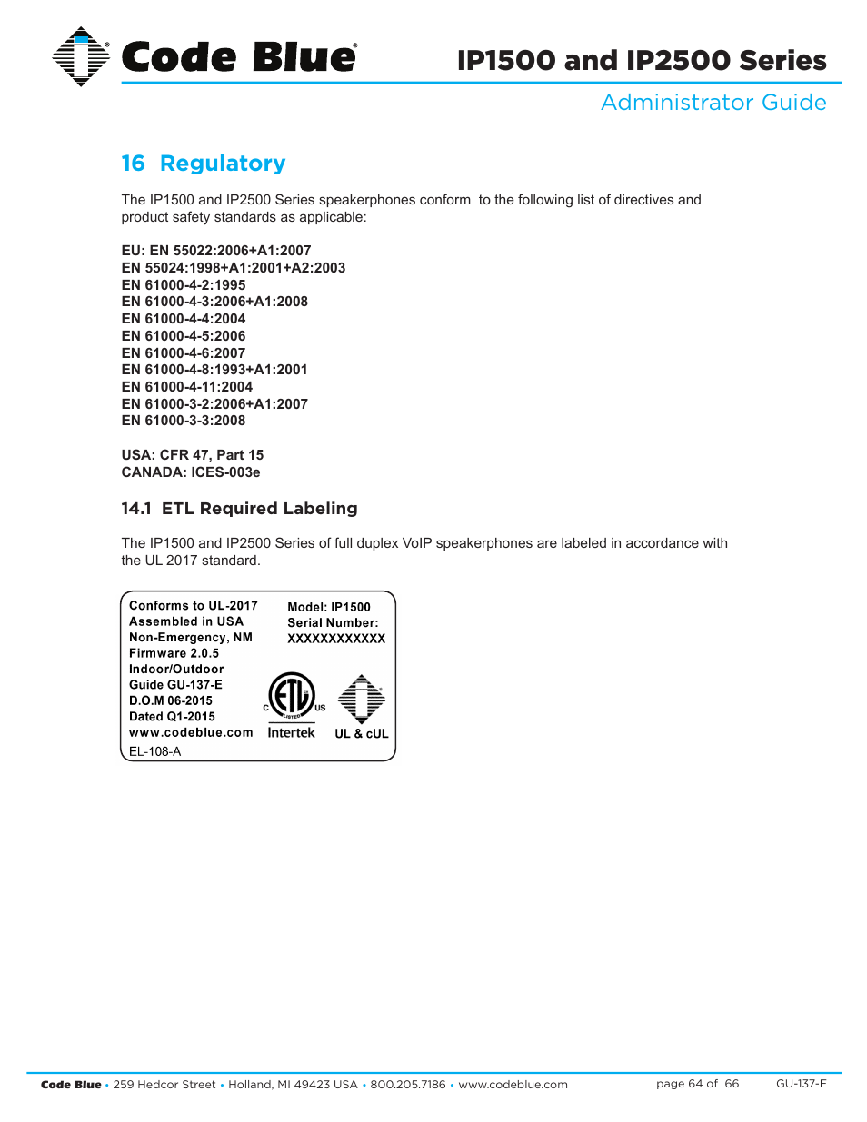 Administrator guide 16 regulatory | Code Blue IP1500 VOIP SPEAKERPHONE User Manual | Page 64 / 66