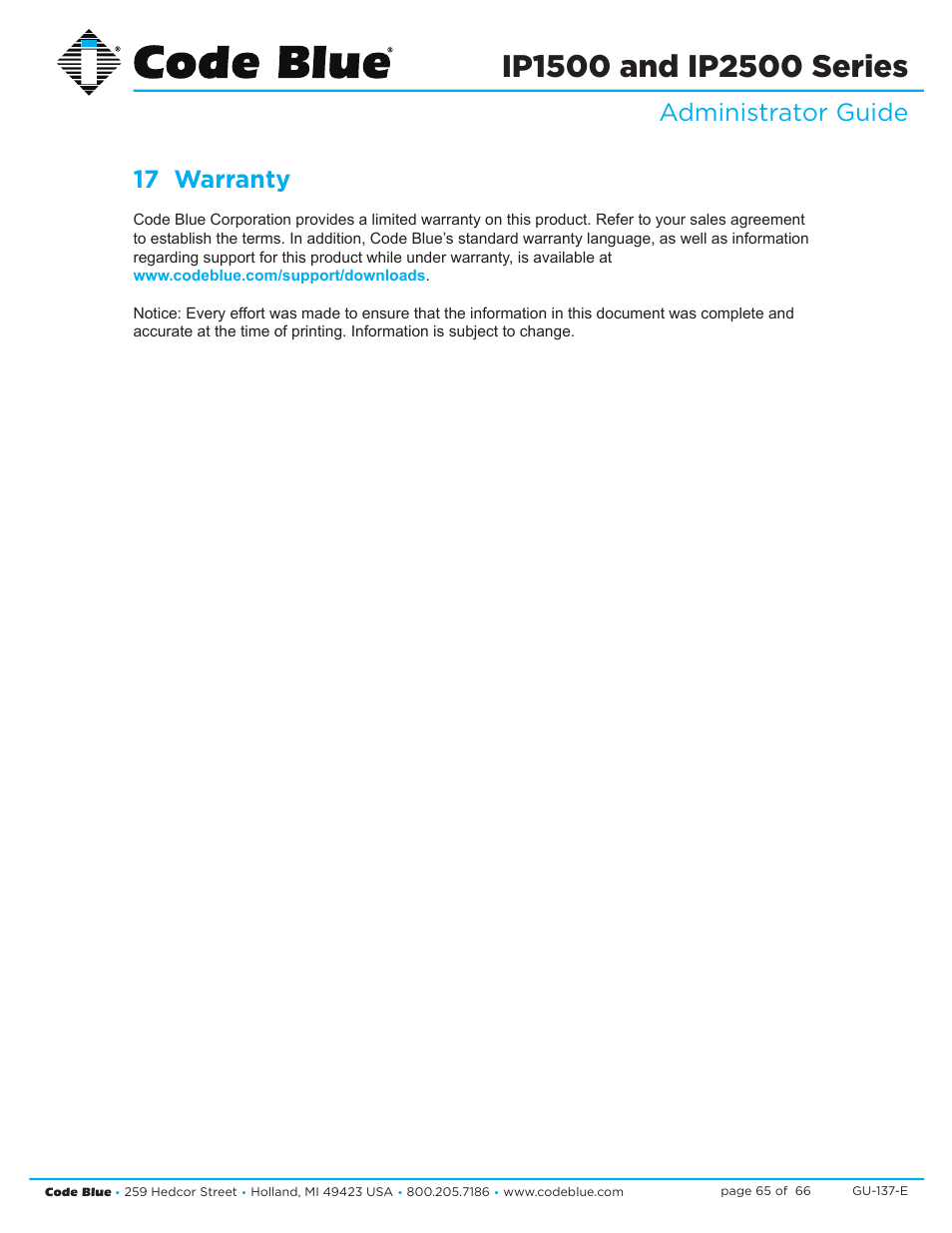 Administrator guide 17 warranty | Code Blue IP1500 VOIP SPEAKERPHONE User Manual | Page 65 / 66