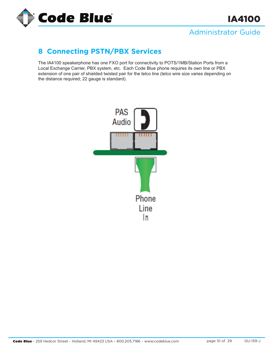 Ia4100, Administrator guide 8 connecting pstn/pbx services | Code Blue IA4100 SINGLE BUTTON ANALOG SPEAKERPHONE User Manual | Page 10 / 29