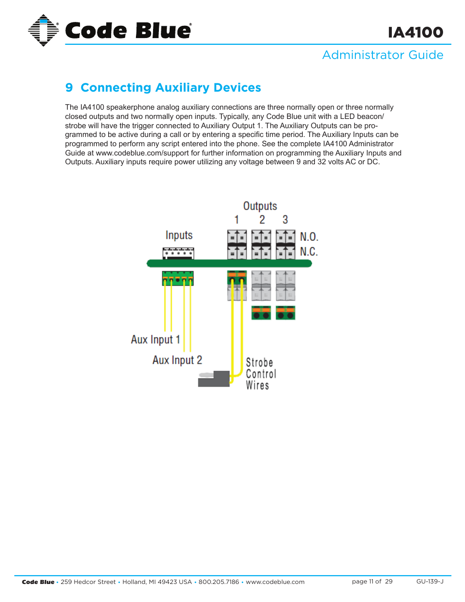 Ia4100, Administrator guide 9 connecting auxiliary devices | Code Blue IA4100 SINGLE BUTTON ANALOG SPEAKERPHONE User Manual | Page 11 / 29