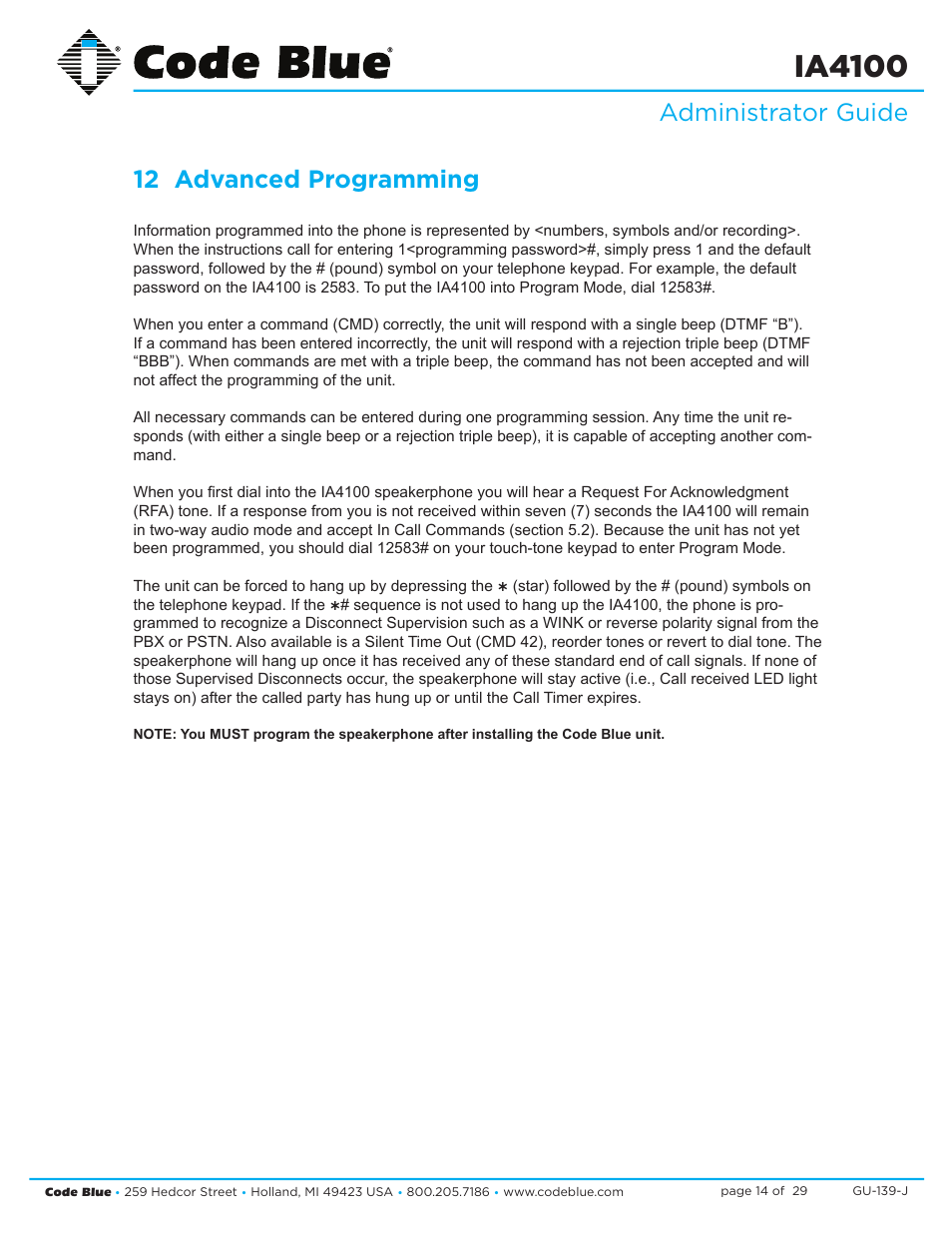 Ia4100, Administrator guide 12 advanced programming | Code Blue IA4100 SINGLE BUTTON ANALOG SPEAKERPHONE User Manual | Page 14 / 29