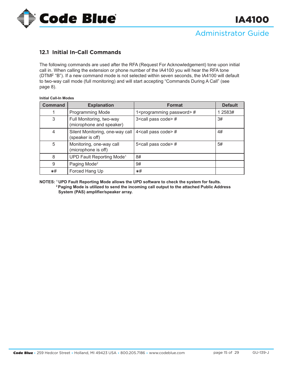 Ia4100, Administrator guide, 1 initial in-call commands | Code Blue IA4100 SINGLE BUTTON ANALOG SPEAKERPHONE User Manual | Page 15 / 29