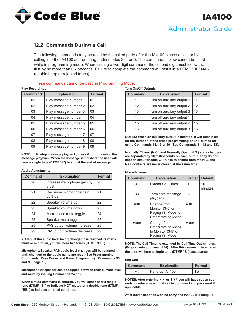 Ia4100, Administrator guide, 2 commands during a call | Code Blue IA4100 SINGLE BUTTON ANALOG SPEAKERPHONE User Manual | Page 16 / 29