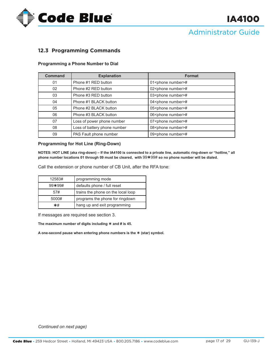 Ia4100, Administrator guide, 3 programming commands | Code Blue IA4100 SINGLE BUTTON ANALOG SPEAKERPHONE User Manual | Page 17 / 29