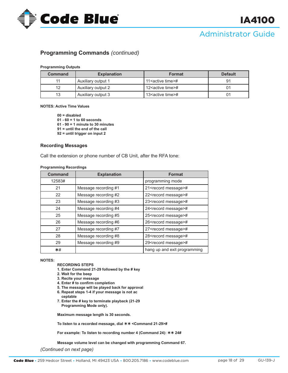 Ia4100, Administrator guide, Programming commands (continued) | Code Blue IA4100 SINGLE BUTTON ANALOG SPEAKERPHONE User Manual | Page 18 / 29