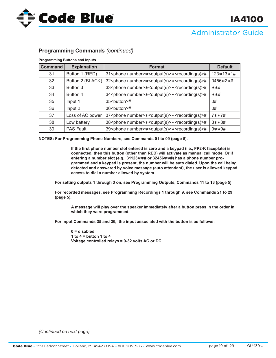 Ia4100, Administrator guide, Programming commands (continued) | Code Blue IA4100 SINGLE BUTTON ANALOG SPEAKERPHONE User Manual | Page 19 / 29