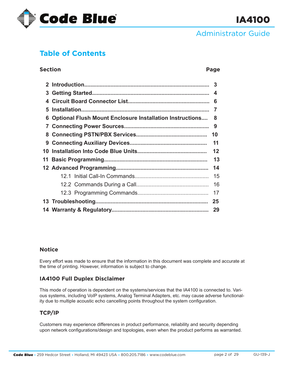 Ia4100, Administrator guide table of contents | Code Blue IA4100 SINGLE BUTTON ANALOG SPEAKERPHONE User Manual | Page 2 / 29