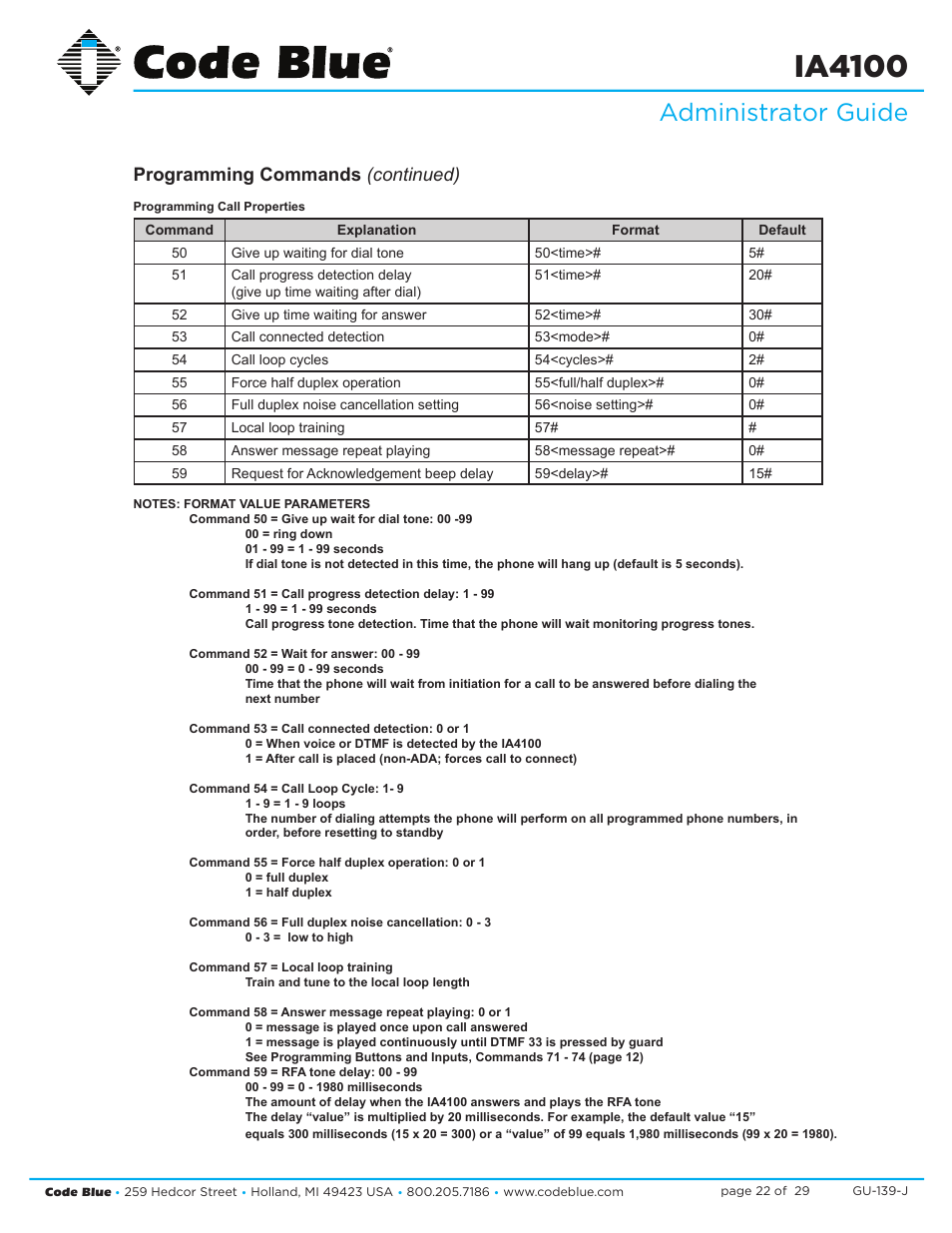 Ia4100, Administrator guide, Programming commands (continued) | Code Blue IA4100 SINGLE BUTTON ANALOG SPEAKERPHONE User Manual | Page 22 / 29