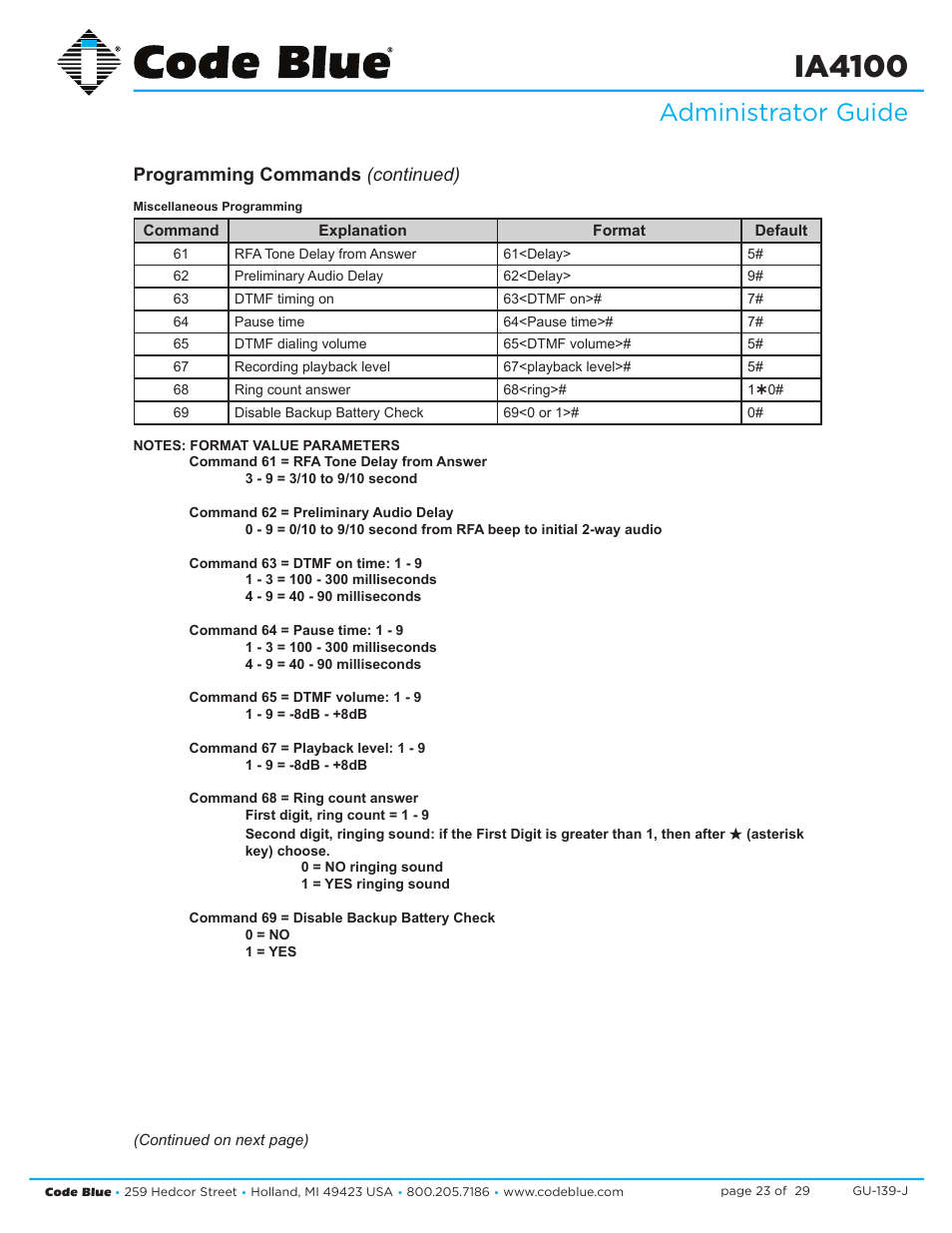 Ia4100, Administrator guide, Programming commands (continued) | Code Blue IA4100 SINGLE BUTTON ANALOG SPEAKERPHONE User Manual | Page 23 / 29