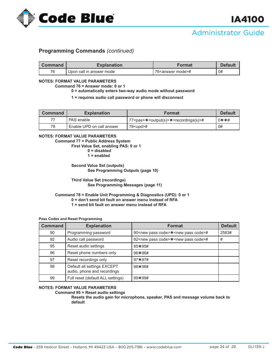 Ia4100, Administrator guide, Programming commands (continued) | Code Blue IA4100 SINGLE BUTTON ANALOG SPEAKERPHONE User Manual | Page 24 / 29