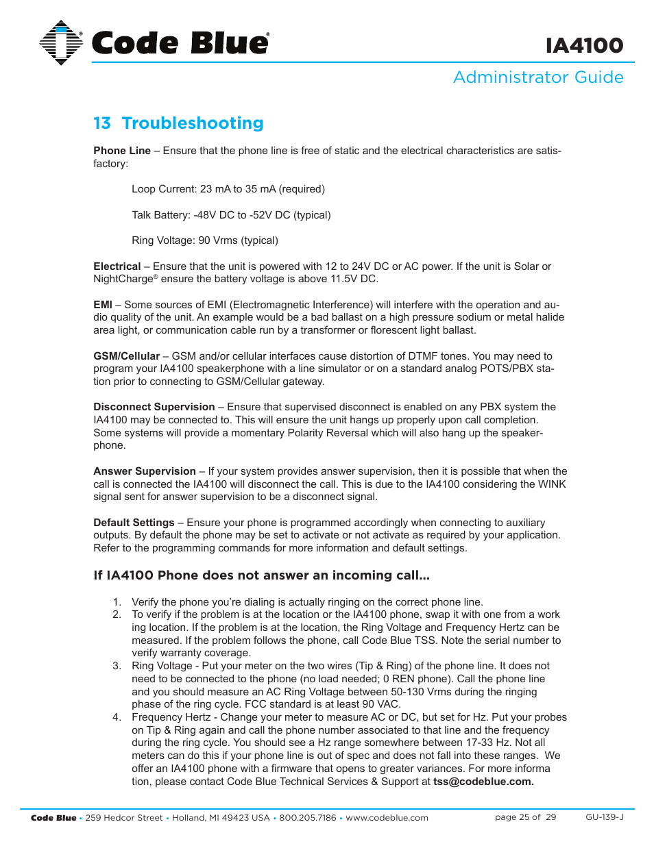 Ia4100, Administrator guide 13 troubleshooting | Code Blue IA4100 SINGLE BUTTON ANALOG SPEAKERPHONE User Manual | Page 25 / 29