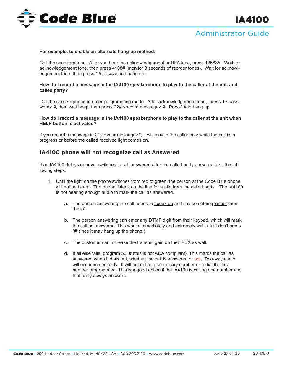 Ia4100, Administrator guide | Code Blue IA4100 SINGLE BUTTON ANALOG SPEAKERPHONE User Manual | Page 27 / 29