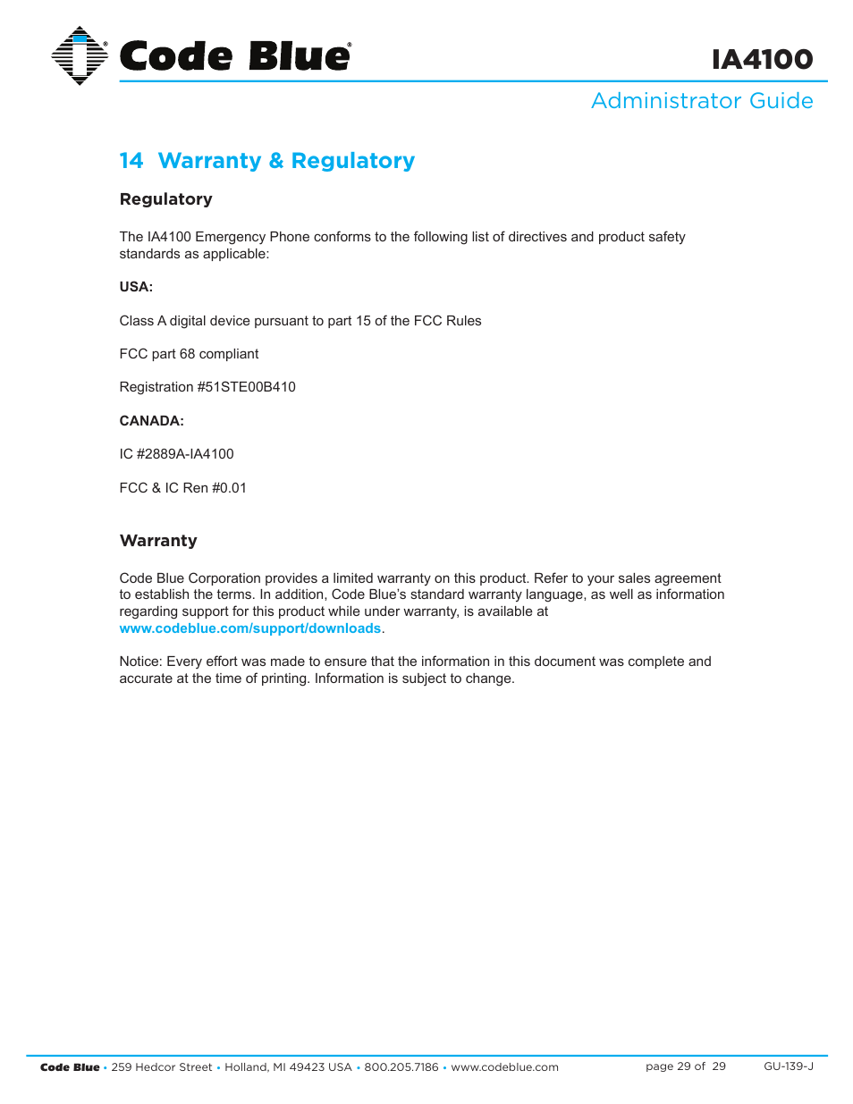 Ia4100, Administrator guide 14 warranty & regulatory | Code Blue IA4100 SINGLE BUTTON ANALOG SPEAKERPHONE User Manual | Page 29 / 29