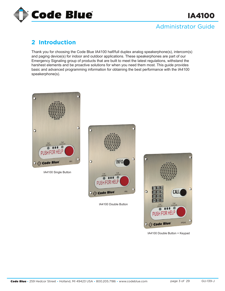 Ia4100, Administrator guide 2 introduction | Code Blue IA4100 SINGLE BUTTON ANALOG SPEAKERPHONE User Manual | Page 3 / 29