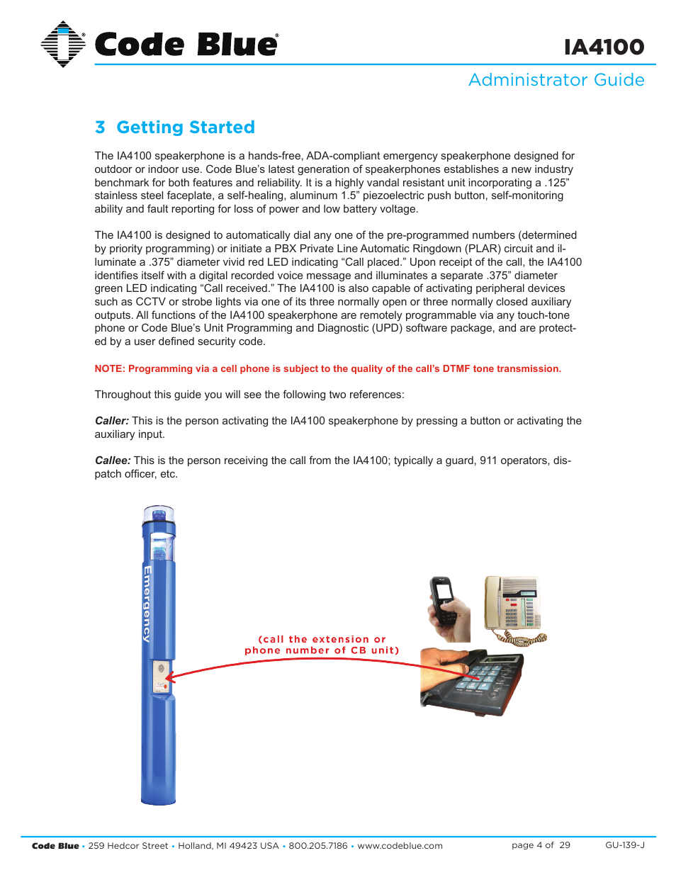 Ia4100, Administrator guide 3 getting started | Code Blue IA4100 SINGLE BUTTON ANALOG SPEAKERPHONE User Manual | Page 4 / 29