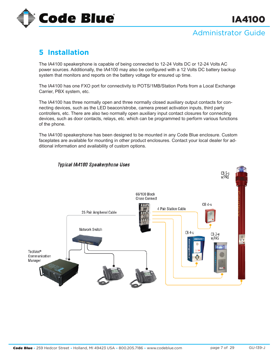 Ia4100, Administrator guide 5 installation | Code Blue IA4100 SINGLE BUTTON ANALOG SPEAKERPHONE User Manual | Page 7 / 29