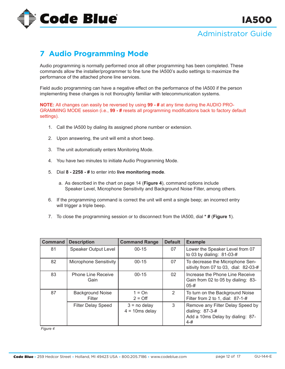 Ia500, Administrator guide 7 audio programming mode | Code Blue IA500-S SINGLE BUTTON ANALOG SURFACE MOUNT User Manual | Page 12 / 17