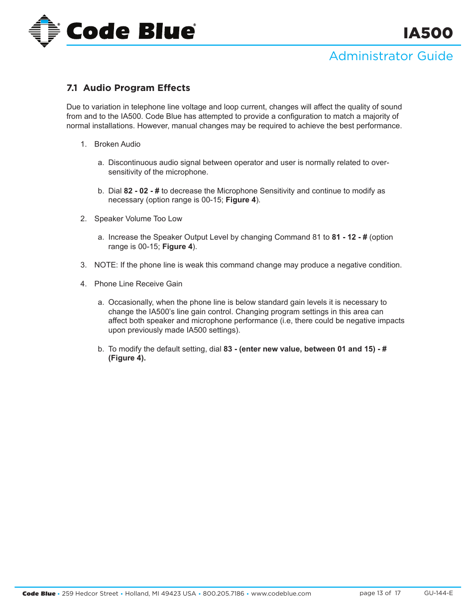 Ia500, Administrator guide | Code Blue IA500-S SINGLE BUTTON ANALOG SURFACE MOUNT User Manual | Page 13 / 17