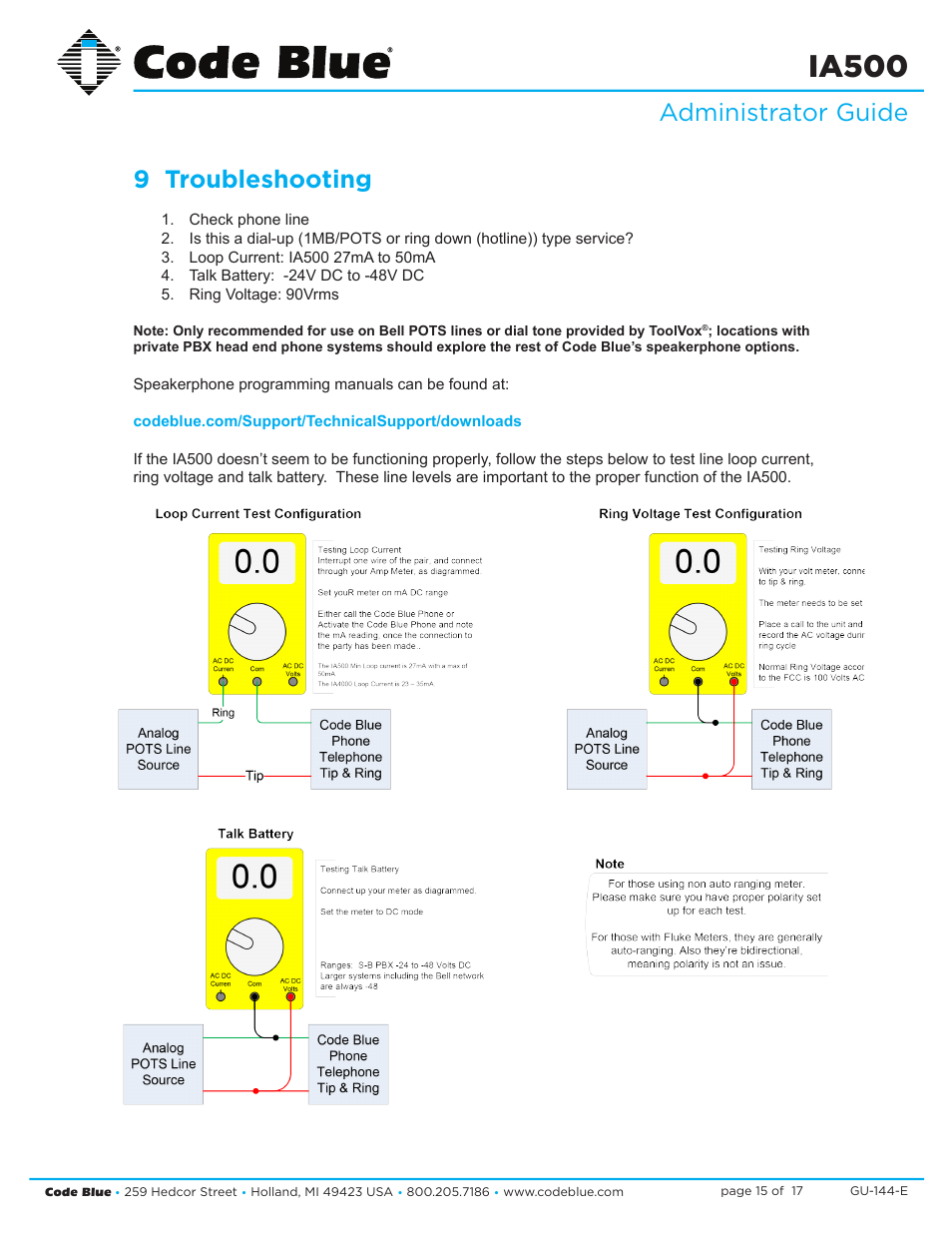 Ia500, Administrator guide 9 troubleshooting | Code Blue IA500-S SINGLE BUTTON ANALOG SURFACE MOUNT User Manual | Page 15 / 17