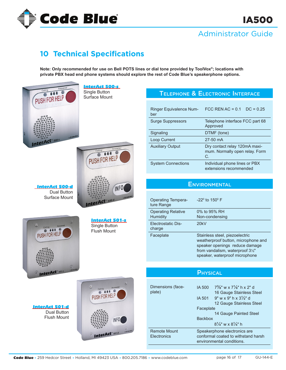 Ia500, Administrator guide 10 technical specifications | Code Blue IA500-S SINGLE BUTTON ANALOG SURFACE MOUNT User Manual | Page 16 / 17