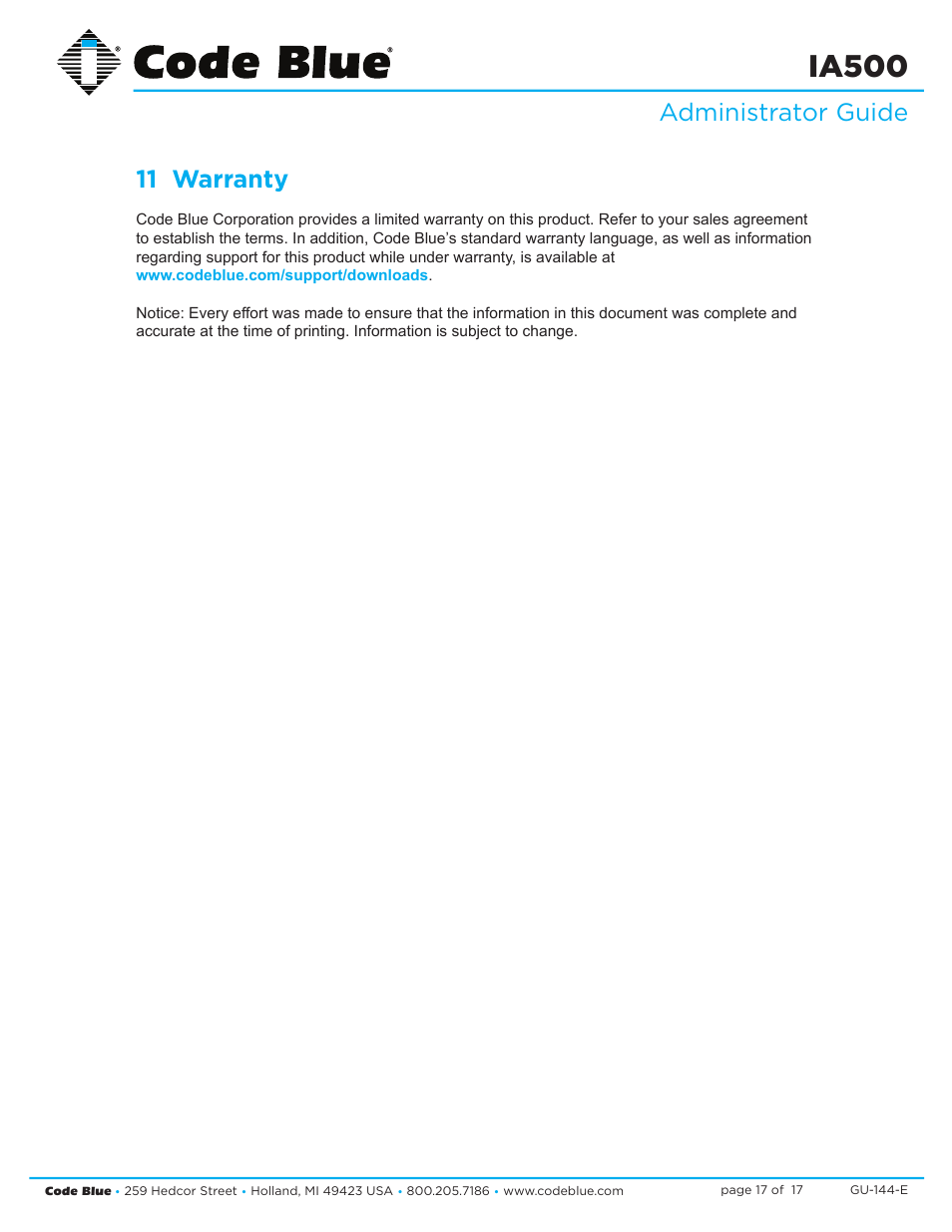Ia500, Administrator guide 11 warranty | Code Blue IA500-S SINGLE BUTTON ANALOG SURFACE MOUNT User Manual | Page 17 / 17