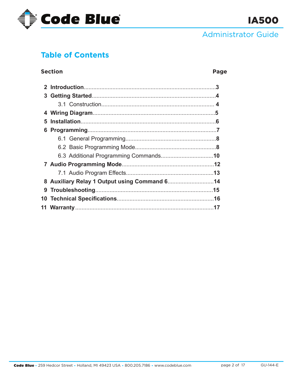 Ia500, Administrator guide table of contents | Code Blue IA500-S SINGLE BUTTON ANALOG SURFACE MOUNT User Manual | Page 2 / 17