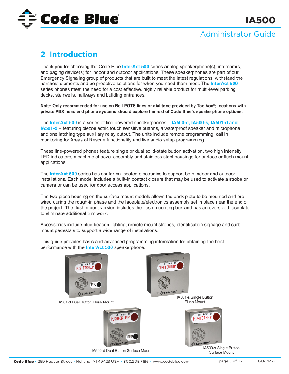 Ia500, Administrator guide 2 introduction | Code Blue IA500-S SINGLE BUTTON ANALOG SURFACE MOUNT User Manual | Page 3 / 17