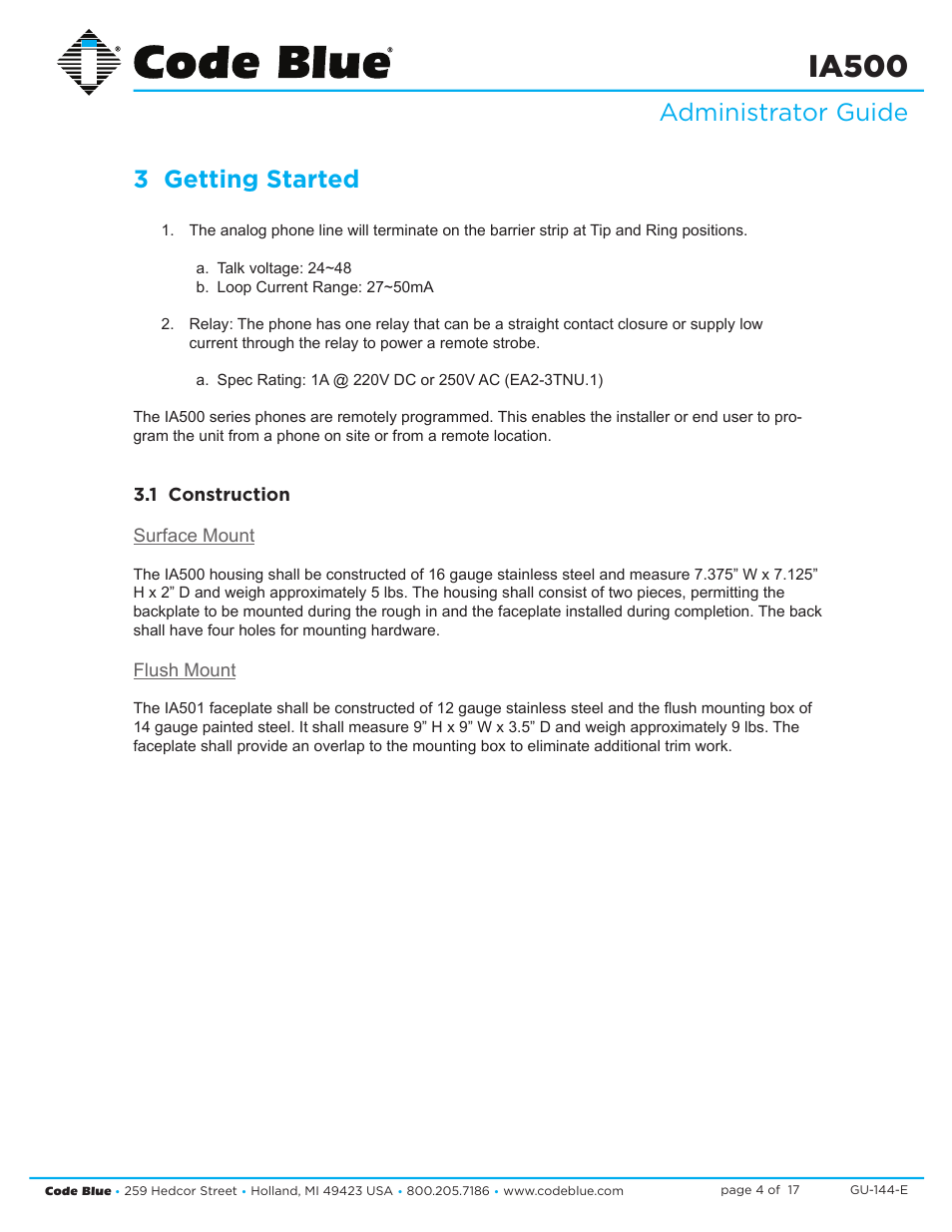 Ia500, Administrator guide 3 getting started | Code Blue IA500-S SINGLE BUTTON ANALOG SURFACE MOUNT User Manual | Page 4 / 17