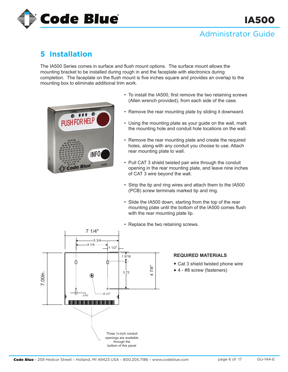 Ia500, Administrator guide 5 installation | Code Blue IA500-S SINGLE BUTTON ANALOG SURFACE MOUNT User Manual | Page 6 / 17