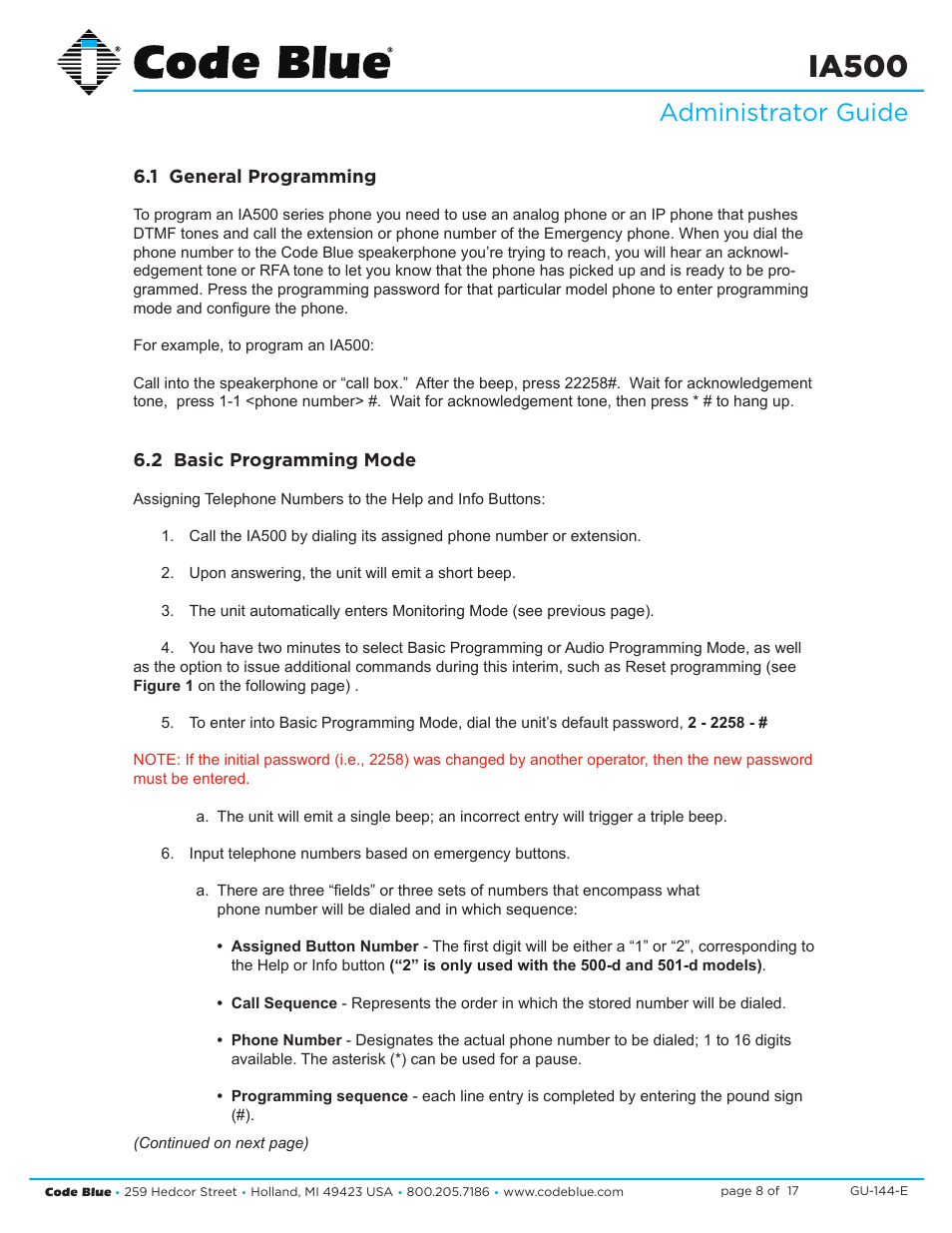 Ia500, Administrator guide | Code Blue IA500-S SINGLE BUTTON ANALOG SURFACE MOUNT User Manual | Page 8 / 17