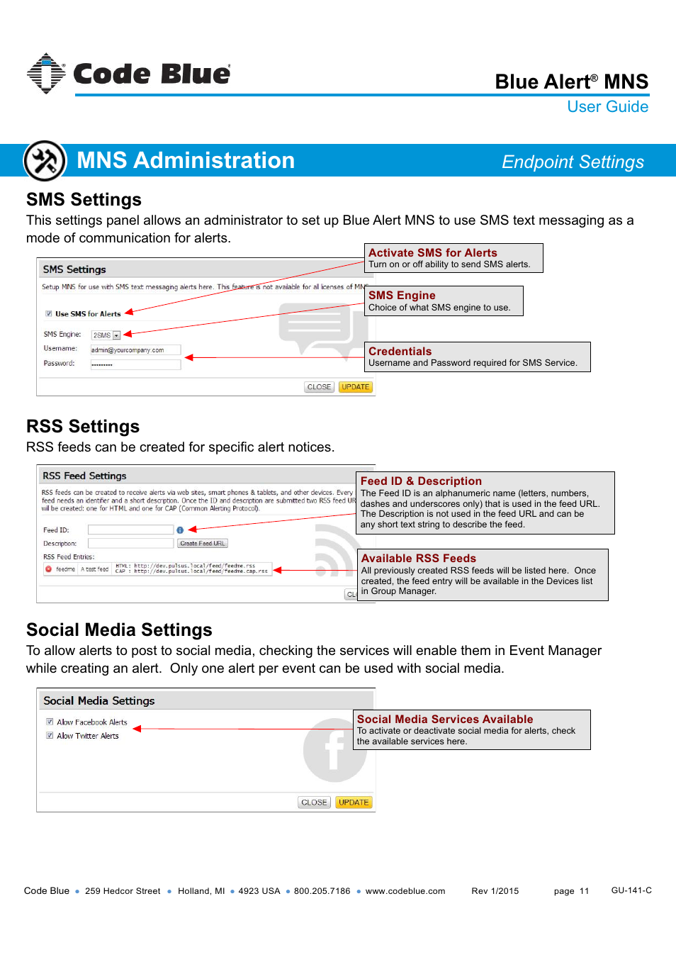 Mns administration, Blue alert, Sms settings | Rss settings, Social media settings, Endpoint settings, User guide | Code Blue BLUE ALERT MNS MASS NOTIFICATION SOFTWARE User Manual | Page 11 / 76