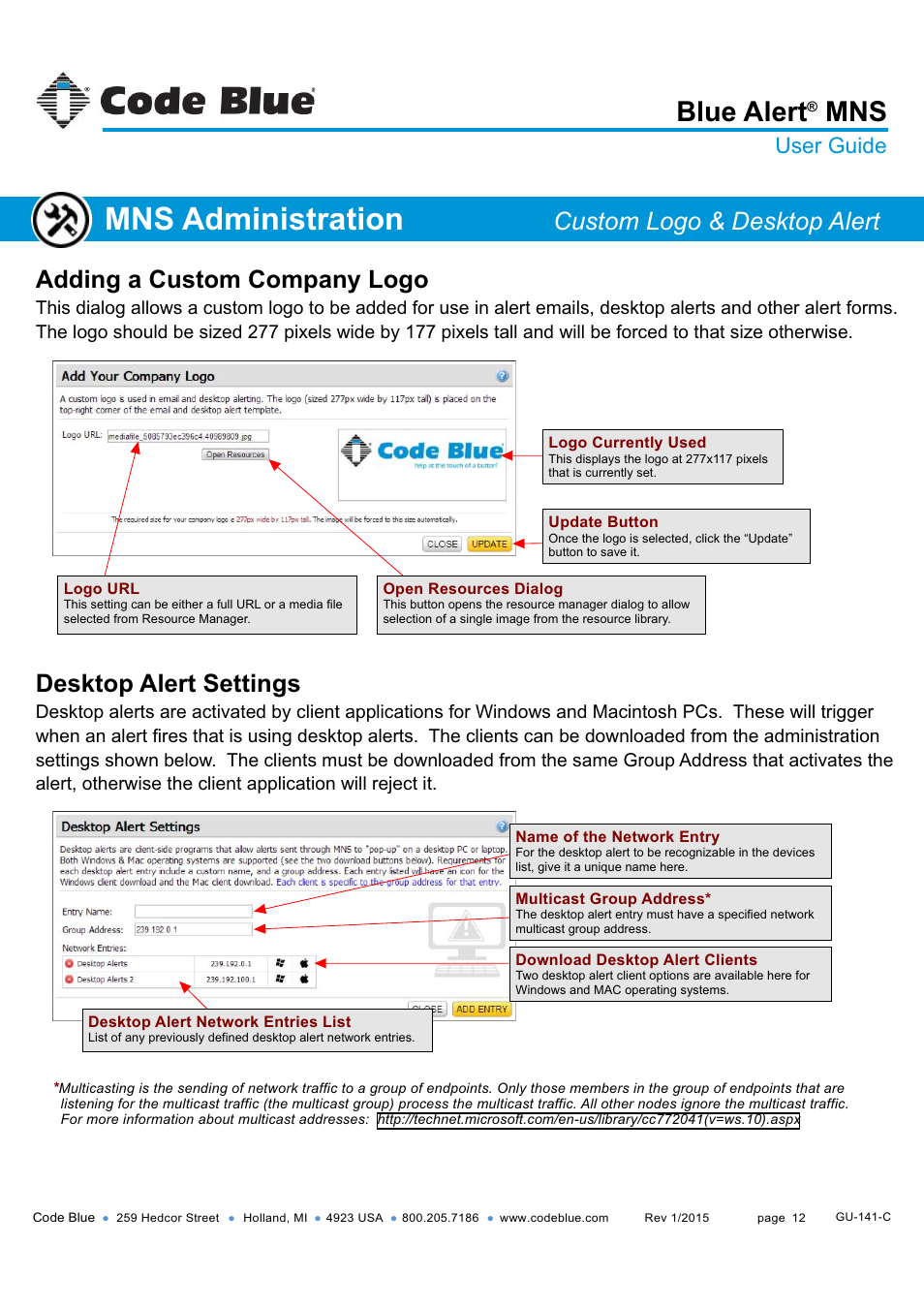 Custom company logo desktop alerts, Mns administration, Blue alert | Adding a custom company logo, Desktop alert settings, Custom logo & desktop alert, User guide | Code Blue BLUE ALERT MNS MASS NOTIFICATION SOFTWARE User Manual | Page 12 / 76