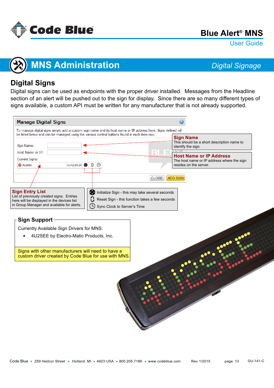Digital signs, Mns administration, Blue alert | Digital signage, User guide | Code Blue BLUE ALERT MNS MASS NOTIFICATION SOFTWARE User Manual | Page 13 / 76