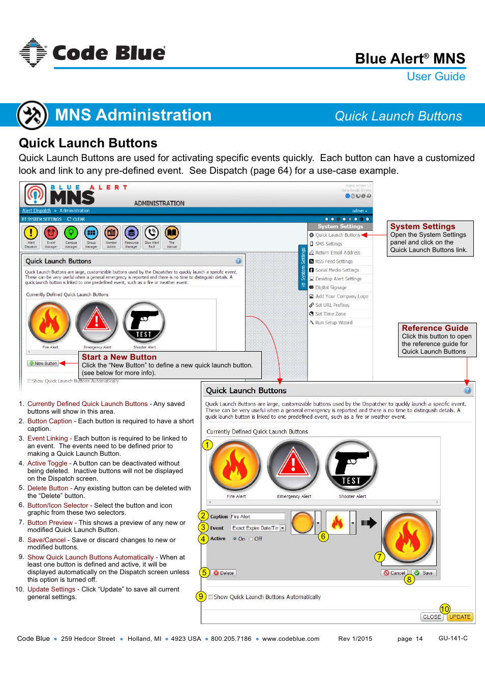 Quick launch buttons, Mns administration, Blue alert | User guide | Code Blue BLUE ALERT MNS MASS NOTIFICATION SOFTWARE User Manual | Page 14 / 76