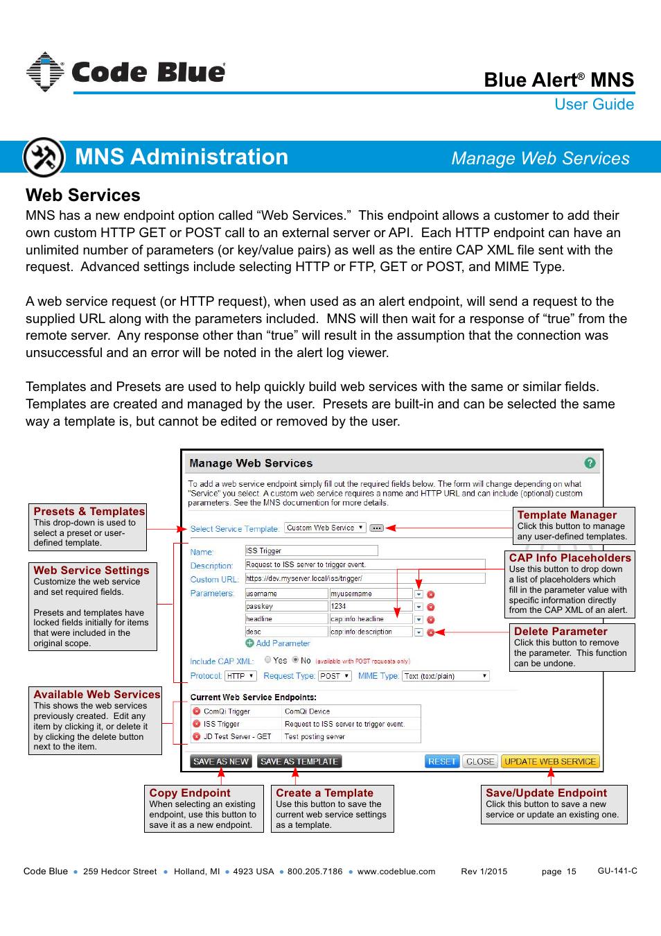 Web services, Mns administration, Blue alert | Manage web services, User guide | Code Blue BLUE ALERT MNS MASS NOTIFICATION SOFTWARE User Manual | Page 15 / 76