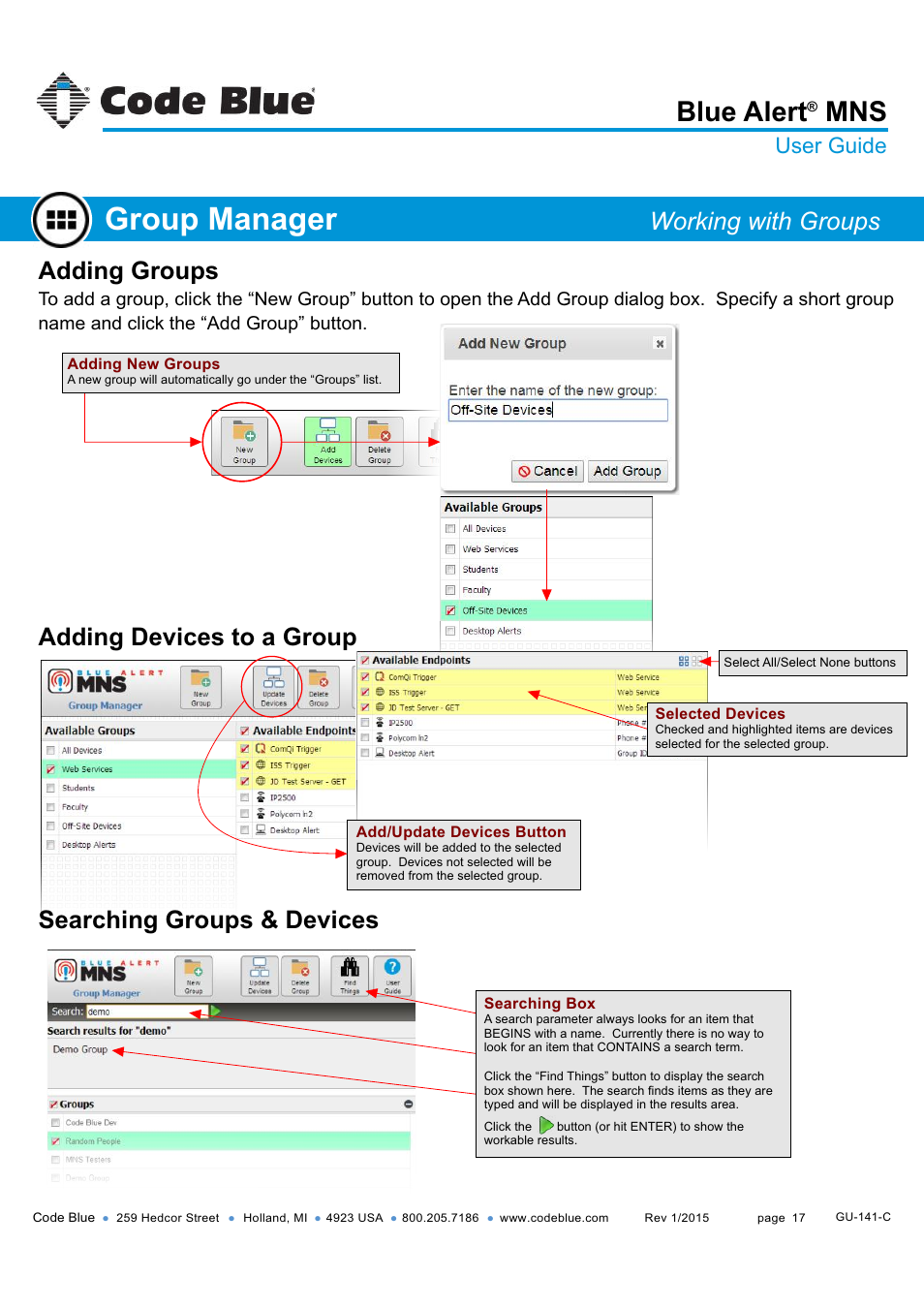 Group manager, Blue alert, Adding groups | Searching groups & devices, Adding devices to a group, Working with groups, User guide | Code Blue BLUE ALERT MNS MASS NOTIFICATION SOFTWARE User Manual | Page 17 / 76