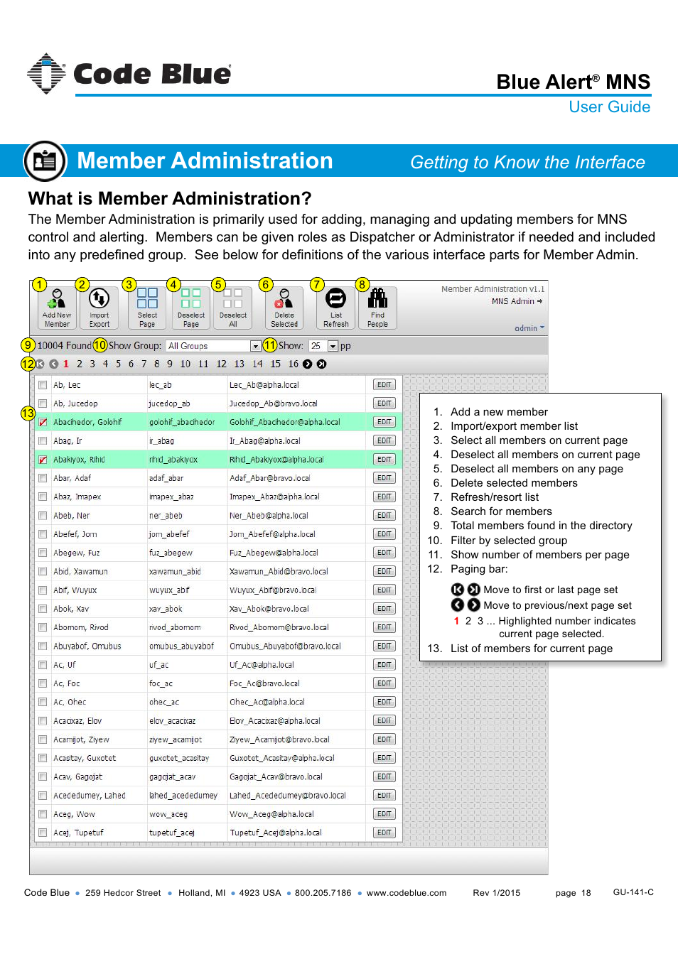 Member administration, Getting to know the interface, Blue alert | What is member administration, User guide | Code Blue BLUE ALERT MNS MASS NOTIFICATION SOFTWARE User Manual | Page 18 / 76