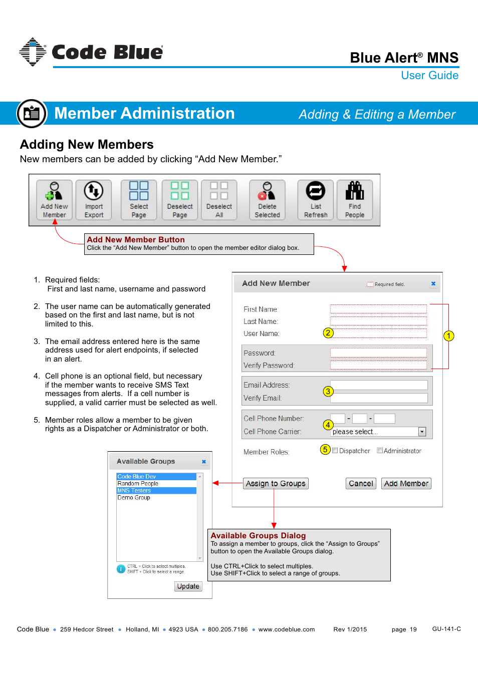 Member administration, Blue alert, Adding new members | Adding & editing a member, User guide | Code Blue BLUE ALERT MNS MASS NOTIFICATION SOFTWARE User Manual | Page 19 / 76