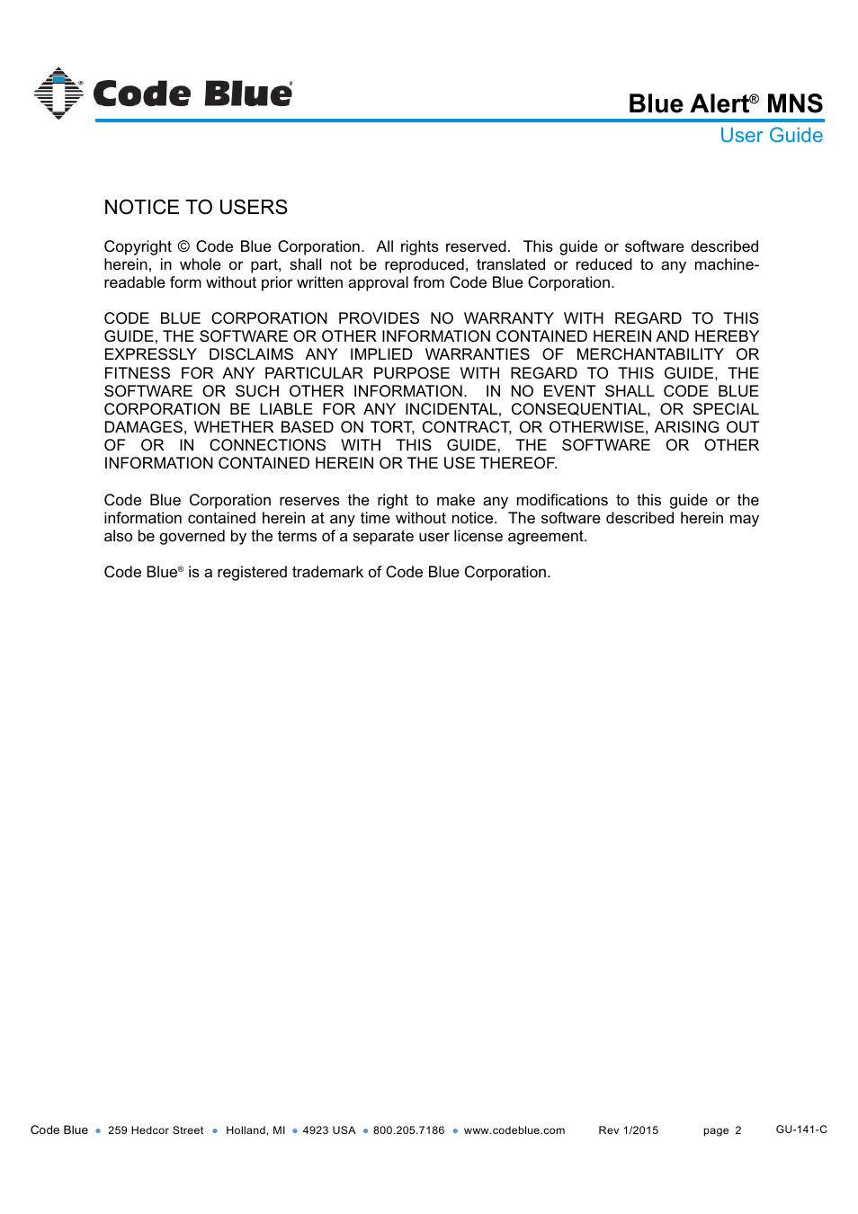 Blue alert, Notice to users, User guide | Code Blue BLUE ALERT MNS MASS NOTIFICATION SOFTWARE User Manual | Page 2 / 76